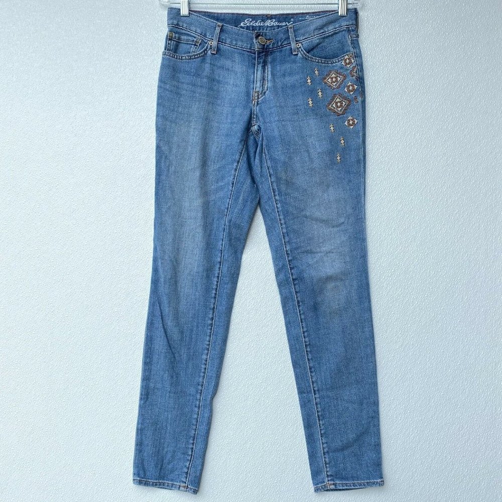 Eddie Bauer Slim Boyfriend Jeans Aztec Embroidered Medium Wash Womens Size 0